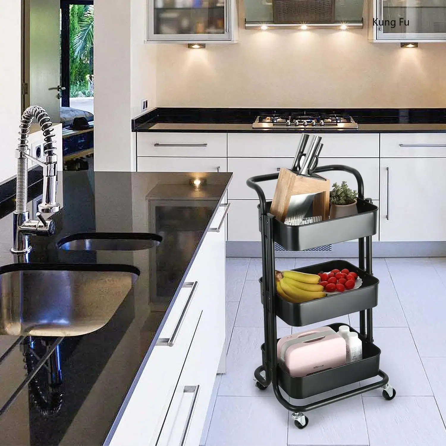 3-Tier Metal Rolling Utility Cart Multi-Function Organizer Shelf Kitchen Organizer Rack Snack Trolley
