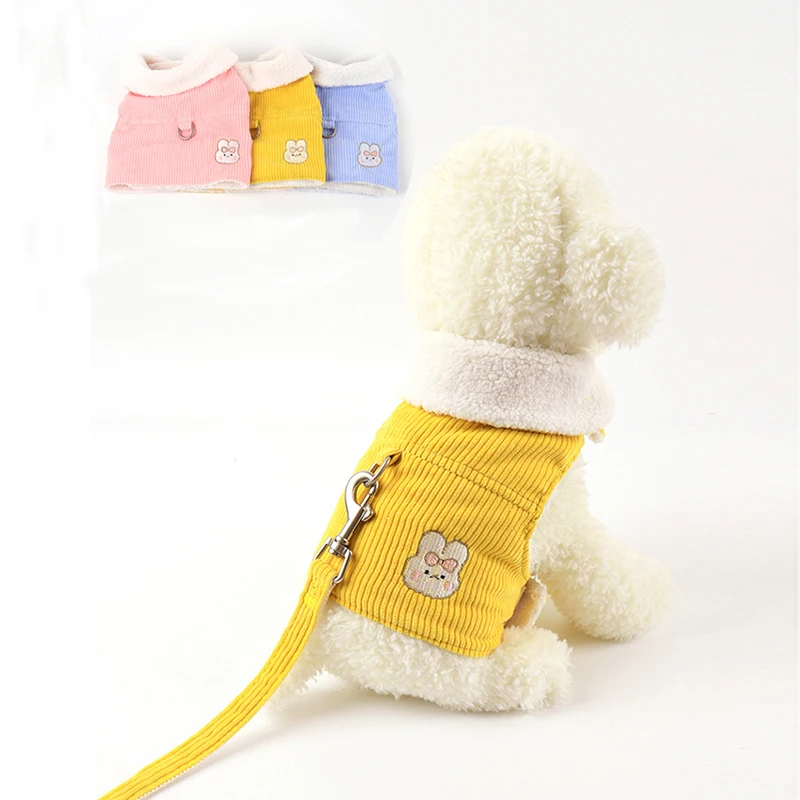 HighNeckCorduroyDogHarnessClothesWarmFunctionalPetLeash