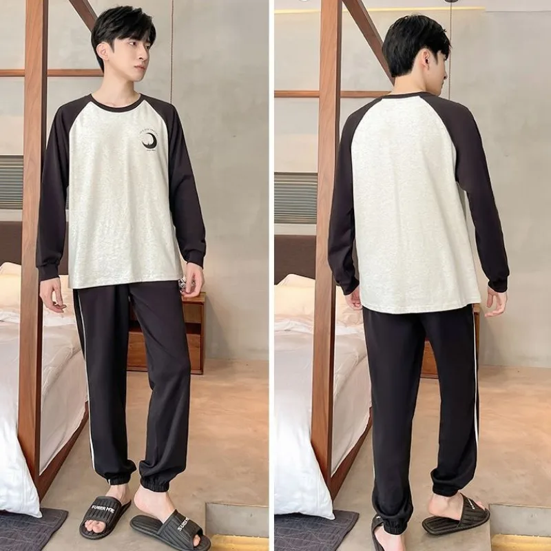 Cotton Men Pajamas Spring Simple Pyjamas Round Neck Long Sleeve Nightdress Loose Thin Home Wear Large Size Printed Sleepwear