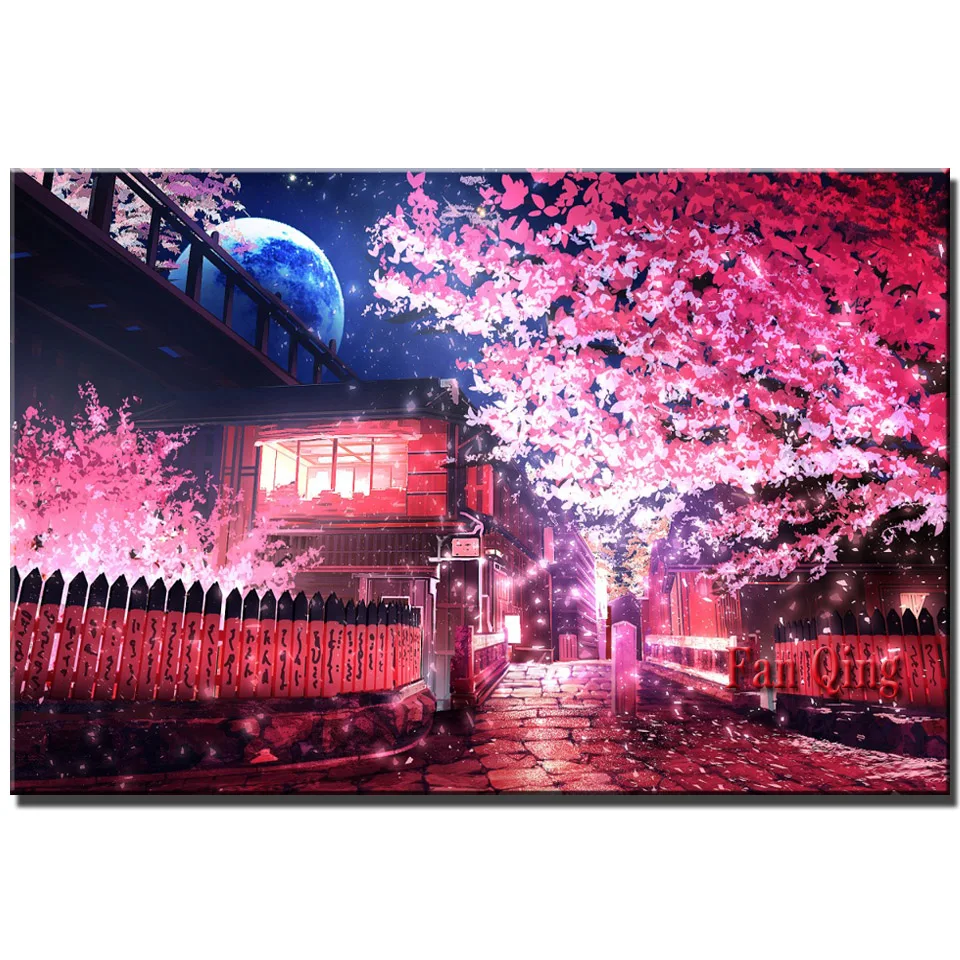 5D  Diamond Painting  Japanese Cherry Blossom Street Moon Scenery Cross Stitch Diamond Embroidery Mosaic Home Decor Needlework