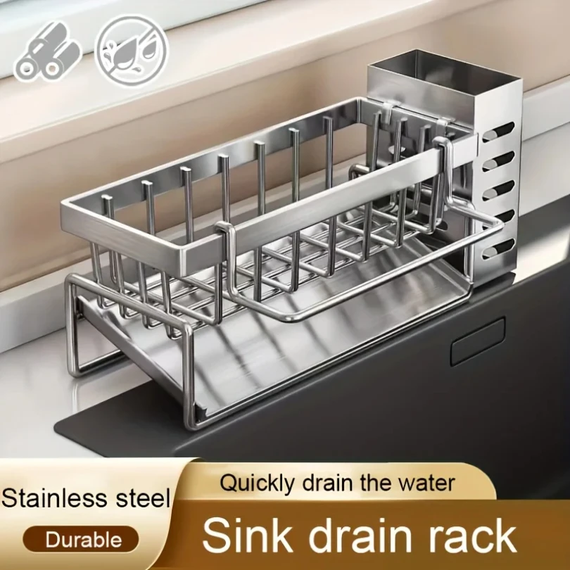 Sink Cleaning Tools Storage Rack Kitchen Multifunctional Stainless Steel Drain Rack for Sponge Cleanser Organizer Rag Hanger 1