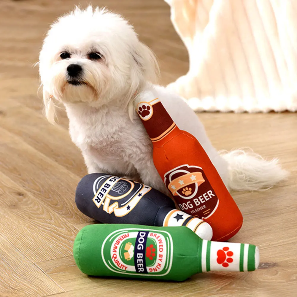 Beer Bottle Squeaky Dog Toy Wine Bottle Plush Dog Toy Teeth Cleaning Squeaky Dog Chew Toy Soft Beer Bottle Shape Toy for Puppies 3