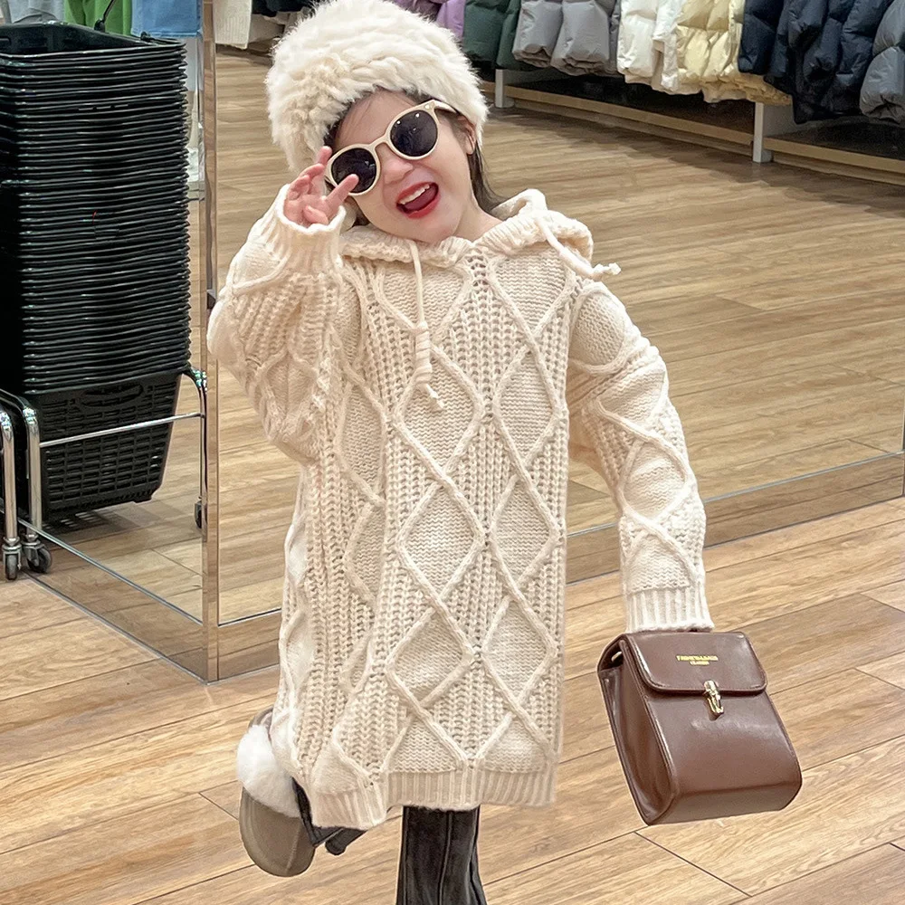 

Girl's Fashionable 2023 New Hat Twisted Flower Knitted Pullover Dress Long Thick Thread Sweater Fashionable and Popular