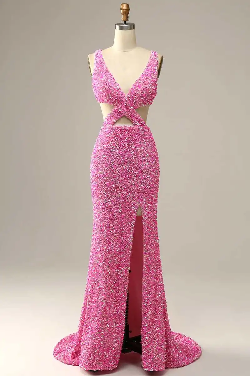 

Sexy Pink V-Neck Mermaid Evening Dresses Mermaid Sequined Side Slit Prom Dress Open Back Cocktail Party Gowns