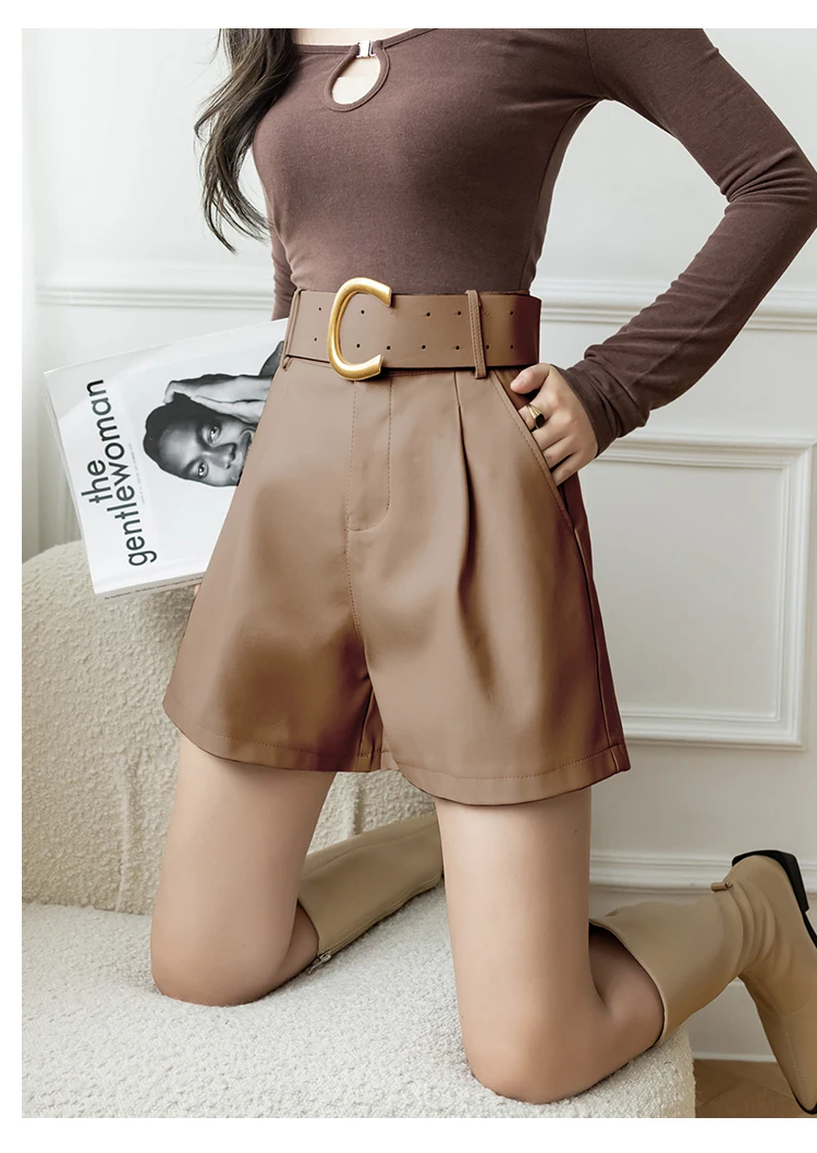 High Street PU Leather Shorts Women Autumn Winter Plus Size Wide Leg High Waist Shorts Feminino With Belt Fashion Short Femme paperbag shorts