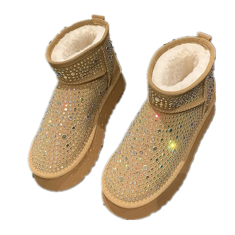 NEW Full Diamond Womens Snow Boots Waterproof Leather Plush Warm Flat Shoe Crystal Slip-On Soft Sole Anle Ankle Boots Fashion