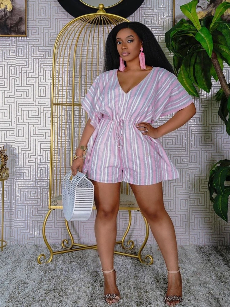 

Casual Striped Batwing Half Sleeve V-neck Flare Jumpsuit 2023 Summer Women Streetwear Chic Romper One Piece Set Playsuit