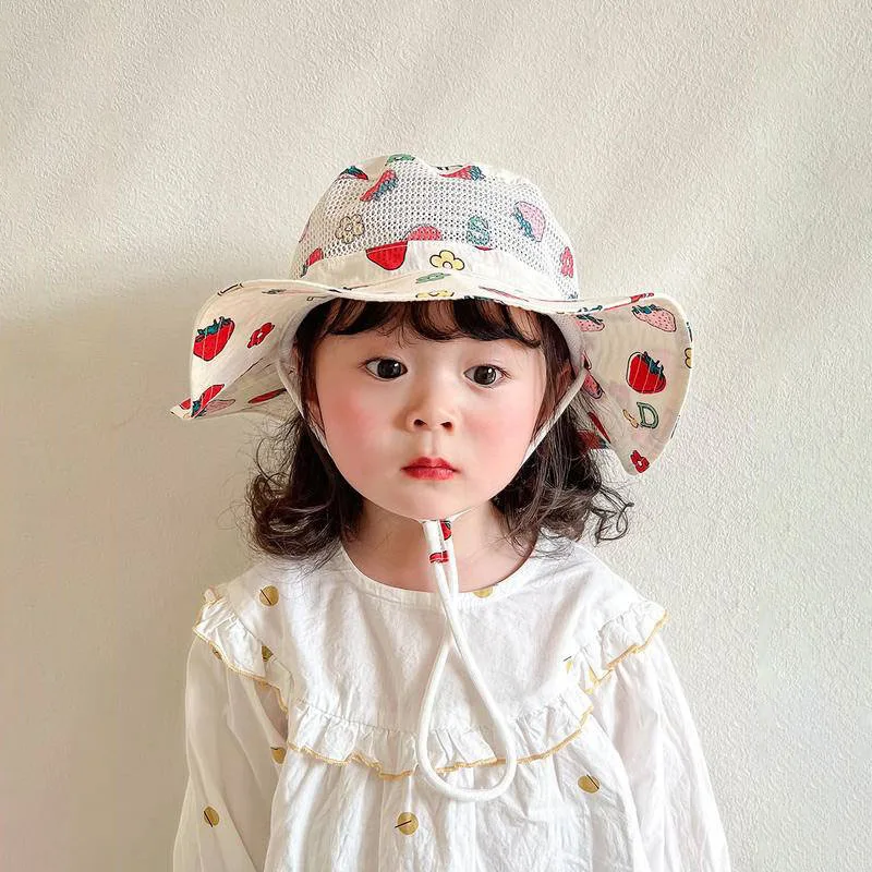 Baby Hat Kids Sun Hat Kids Bucket Hat Cute Strawberry Flower Print Baby Hat Summer Mesh Breathable Kids Girls Bucket Hat Outdoor Travel Children Panama Fisherman Cap