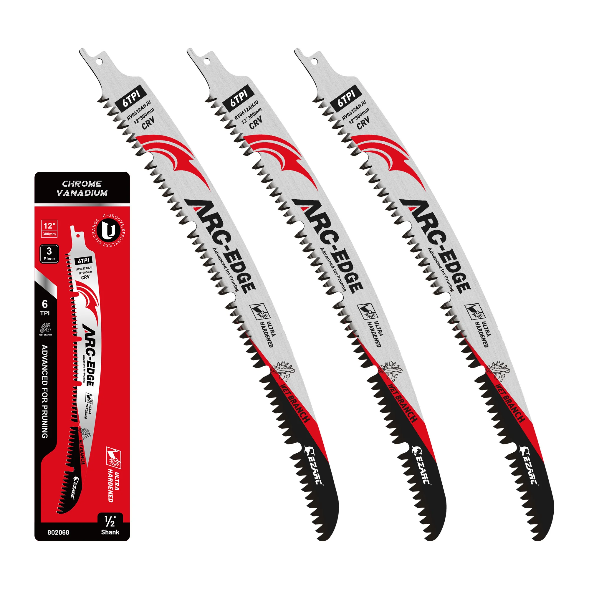 EZARC 12''/15'' Säbelsägeblätter mit japanischen Zähnen, 3 Stück, Bogenkanten-Holzschneideblätter, 6TPI mit U-Nut für Spanablagerung
