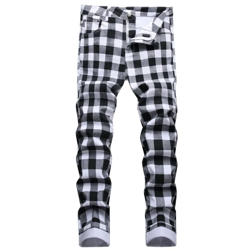 

Original Men Plaid Jeans England Style Streetwear Ins Pants Male Trousers