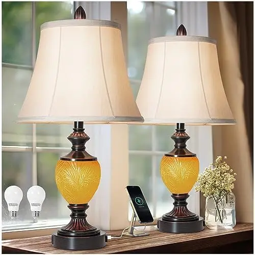 

Collection Bedside Table Lamp Set of 2 with Nightlight 2 USB Ports AC Power Outlet Dark Bronze Finish Soft Shade Decor for Bedr