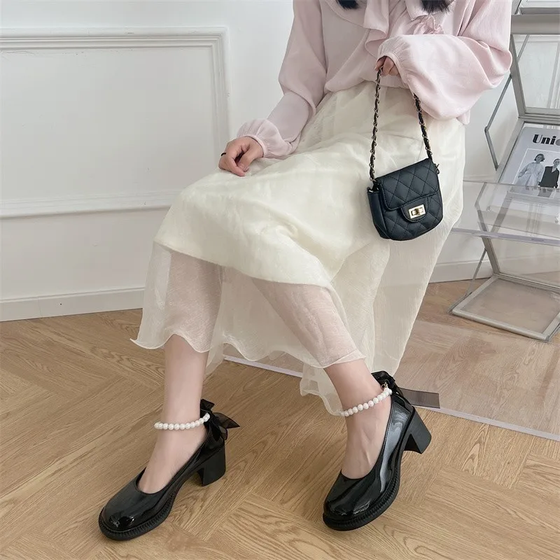

Bow Pearl Chain Mary Jane Shoes for Women Spring Shallow Mouth Black Thick Heel Women's Shoes Fashion Platform Women High Heels