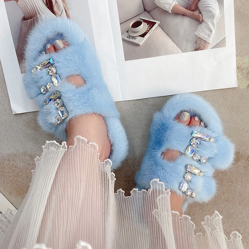 Winter Fashion Shoes Women Real Mink Fur Slippers Winter Warm Fluffy Fur  Slides Cross Styles S6077 - AliExpress