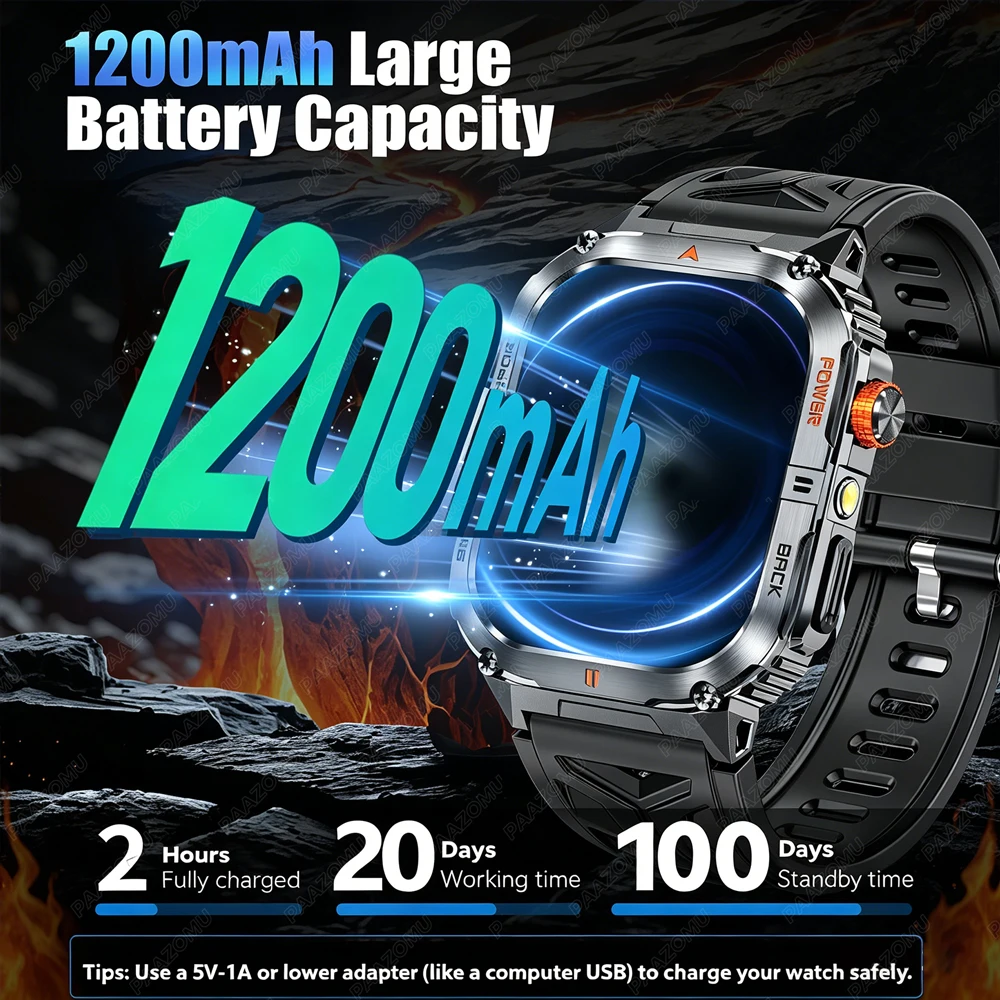 남성용 밀리터리 스마트워치 1200mAh 배터리 LED 손전등 BT 통화 심박수 100+ 스포츠 모드 안드로이드/iOS용 피트니스 트래커