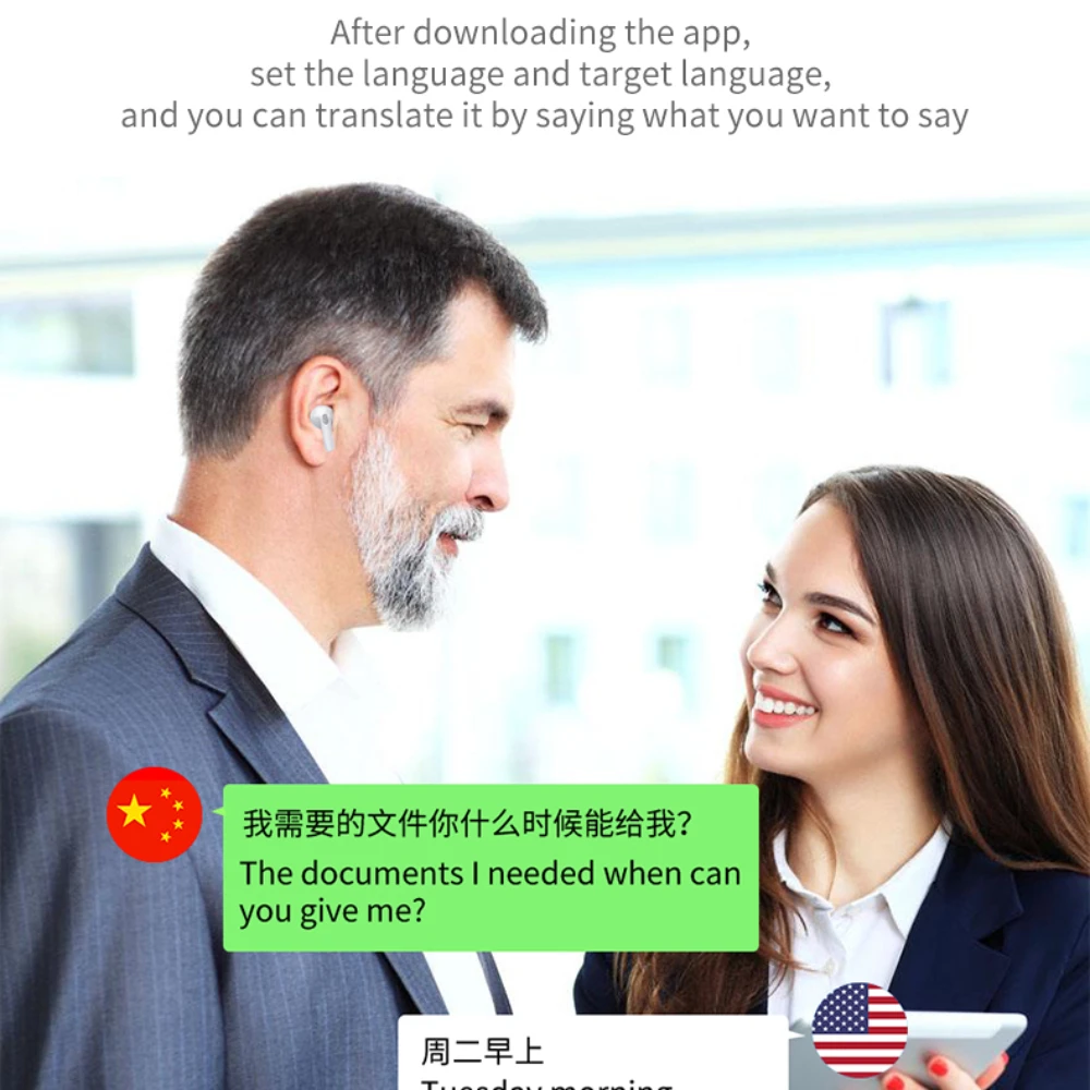 Écouteurs De Traduction Temps Réel – Traduction Vocale Instantanée – Design Oreille Ouverte – Autonomie 7h – Bluetooth 5.3 – Parfait Voyage
