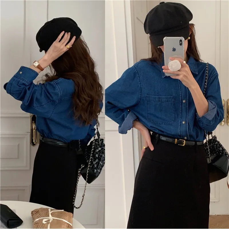 2023 new spring Korean Fashion Women Long Sleeve casual denim shirt Z011