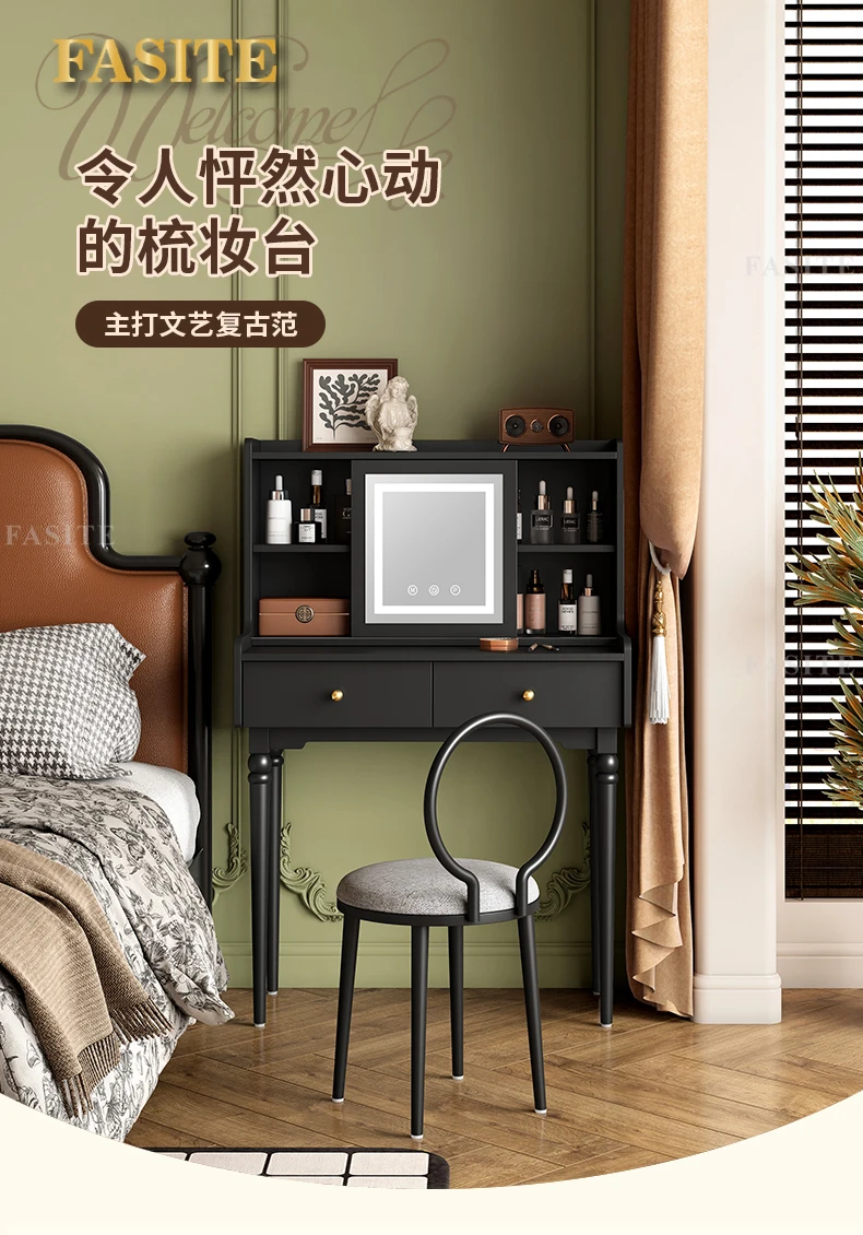 Dresser with LED mirror, vanity table, bedroom furniture, black vanity, multifunctional storage