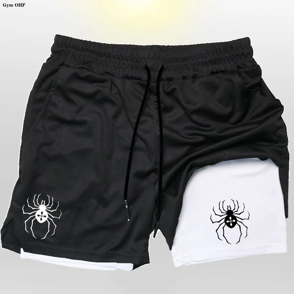

Anime Men Fitness Training Skinny Shorts Spider Print Summer 2 In 1 Quick Dry Gym Beach Jogging Shorts Outdoor Sport Short Pants