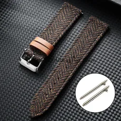 Vintage Leather Tweed Nylon Watchband Strap - Unisex Replacement Wristband with Tweed Fabric Accent - Black Buckle (Brown)