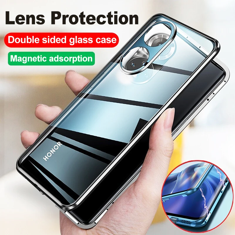 Double-sided tempered glass case lens protective shell For Huawei Honor 60 Pro 50 SE P30 P40 360 Metal Magnetic Adsorption cover iphone 12 pro max case