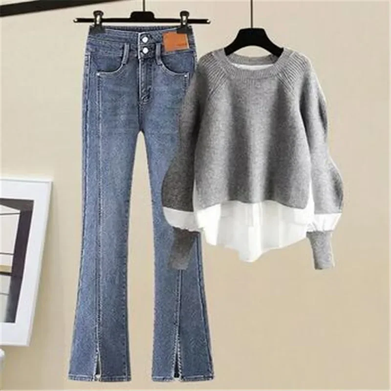 Large Spring and Autumn Women's Suit 2024 New Korean Fashion Fake Two-piece Shirt Top Slim Casual Jeans Two-piece Set
