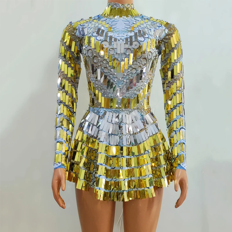 

Блестящее платье с блестками золотистого и серебристого цвета, женское вечернее платье для певицы, танцевальный костюм Gogo, одежда для сцены, шоу, фестиваля, XS6984