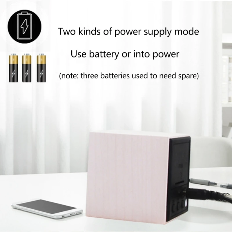 Wood Cube Voice Control Led Alarm Clock Home Bedroom Dormitory 4