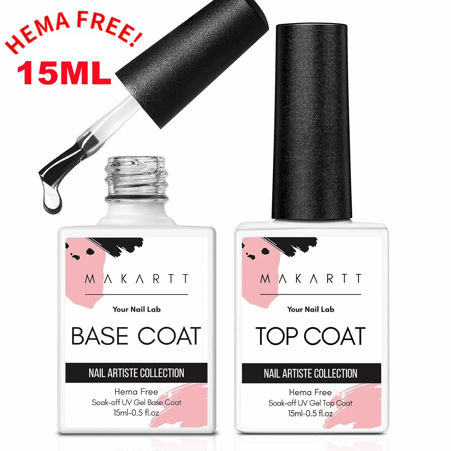 Makartt Hema-Free Gel Top Coat and Base Coat Set, No Wipe Shine Finish Soak Off Gel Base Top Long Lasting LED Nail Lamp