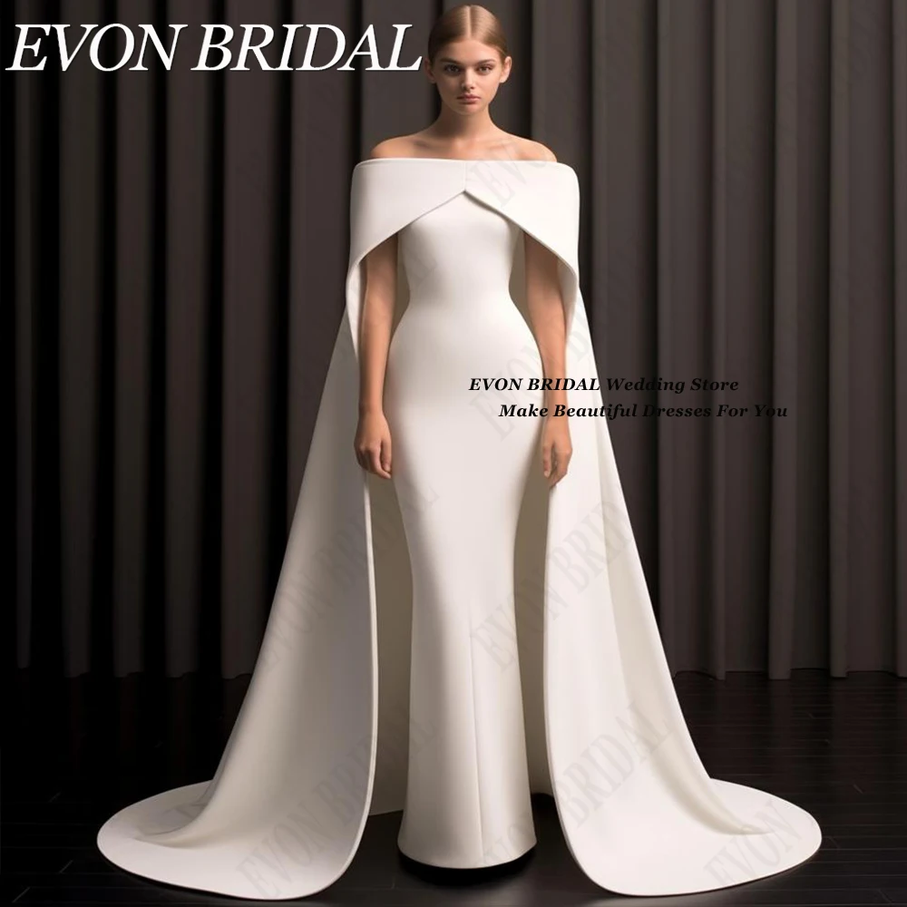 

EVON BRIDAL Boat Neck Wedding Dresses For Women Satin Mermaid Ivory Bride Party Dress With Cape robes de mariée grande taille