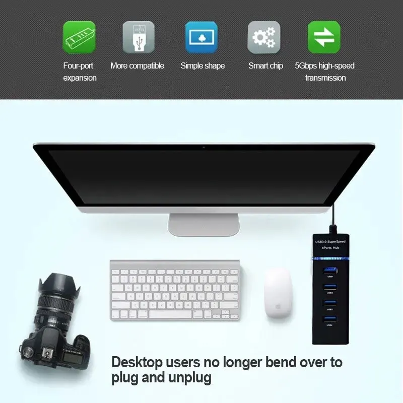 4-Port High-Speed USB Hub Splitter with Integrated Docking Station