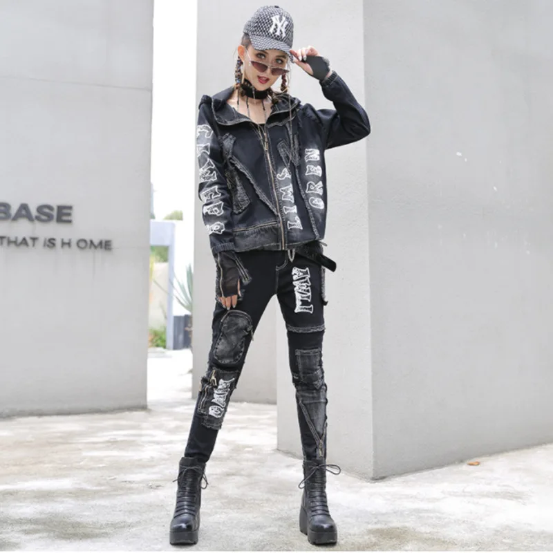 

#5847 черные джинсовые костюмы с низкой талией для женщин, облегающие джинсовые пальто с длинным рукавом, женские хлопковые узкие джинсы, женская уличная одежда в стиле хип-хоп