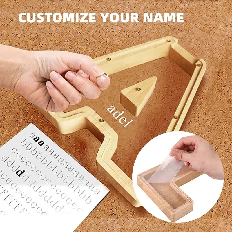 Wooden Coin Money Saving Box Jar Twenty-six Letter Piggy Bank Coins Storage Box Desktop Ornament Home Decor Crafts Xmas Gift 5