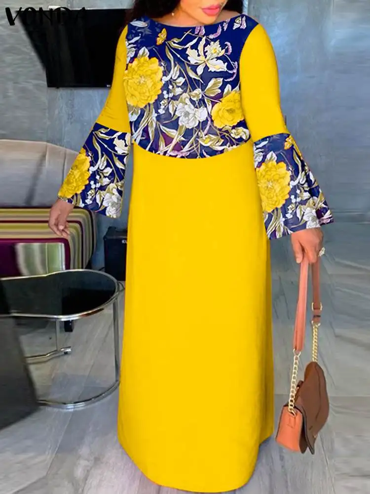

Plus Size Women Dress 2023 VONDA Casual Sundress Street Loose Long Sleeve Beach Dress Vintage Printed Maxi Long Vestidos