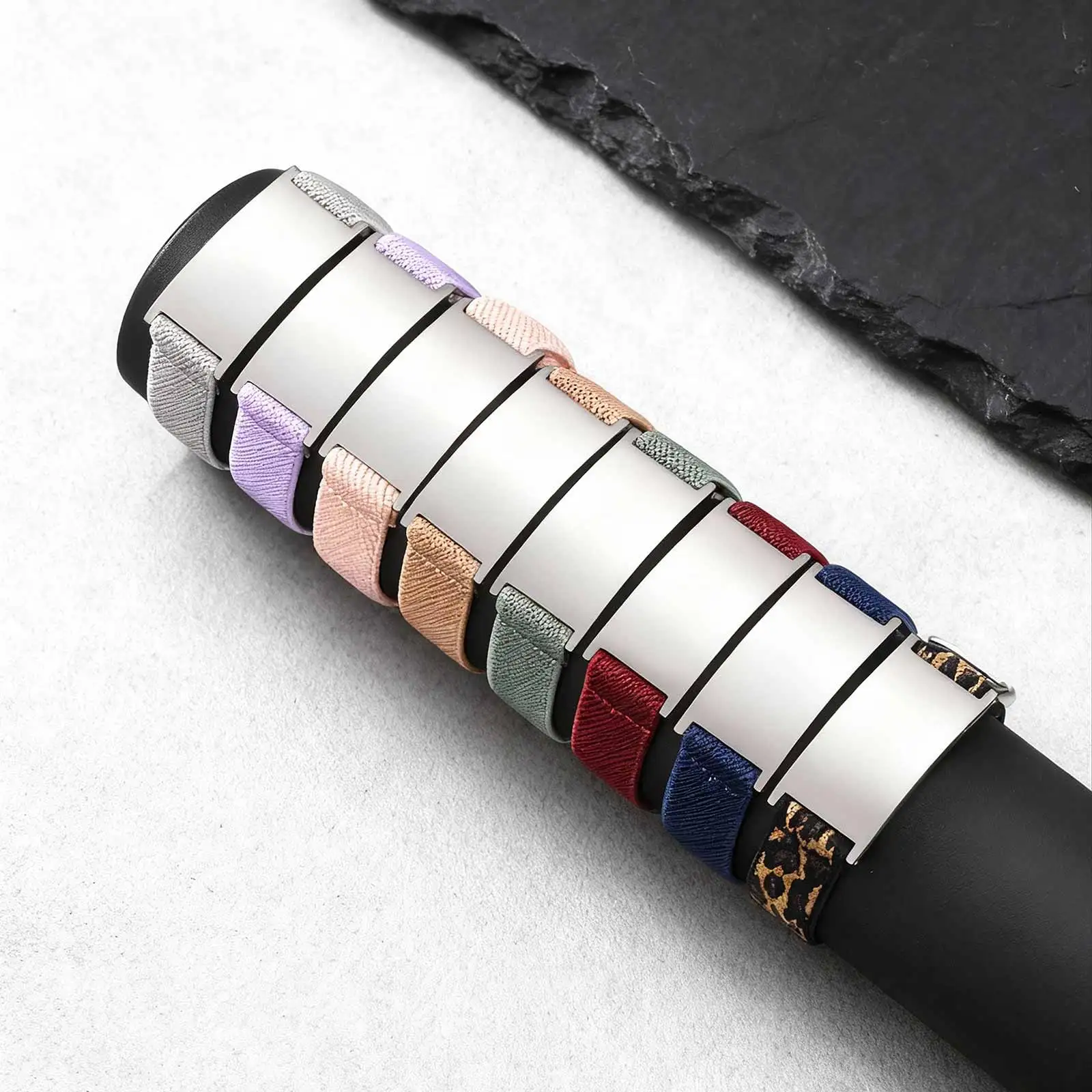 Personalized Elastic Fabric Nylon Bracelets for Men Women,Carving Name Sentence Friend Stainless Steel Wristband,Jewelry Gifts