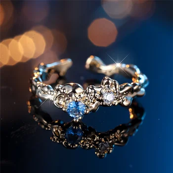 Charm Female Water Blue Crytal Adjustable Open Ring Gold Color Cute Gift Wedding Jewelry For Women