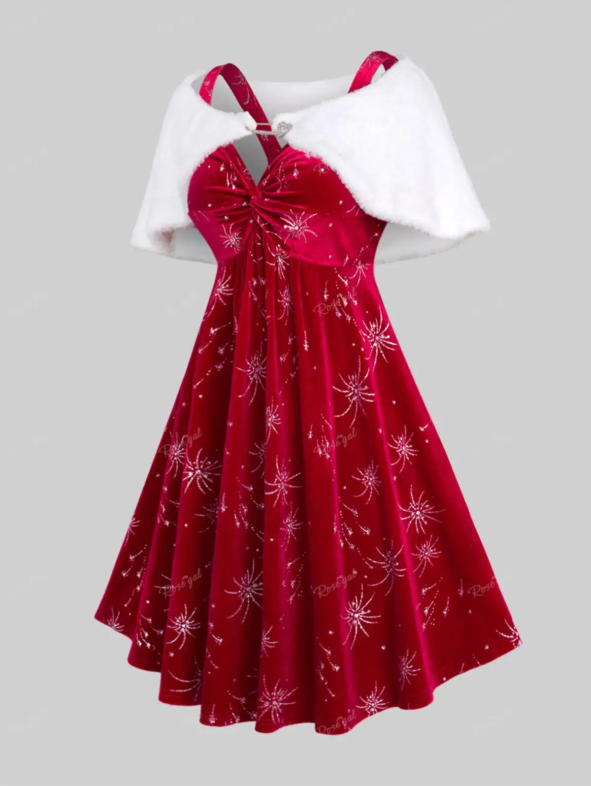 ROSEGAL Plus Size Dresses Christmas Vestidos Costume Printed Twist Ruched Velvet Party Dress And Fur Panel Cape Set 5X