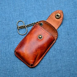 Vintage Leather Key Fob Holder - Elegant Wrinkled Cowhide Key Case Pouch (Orange)