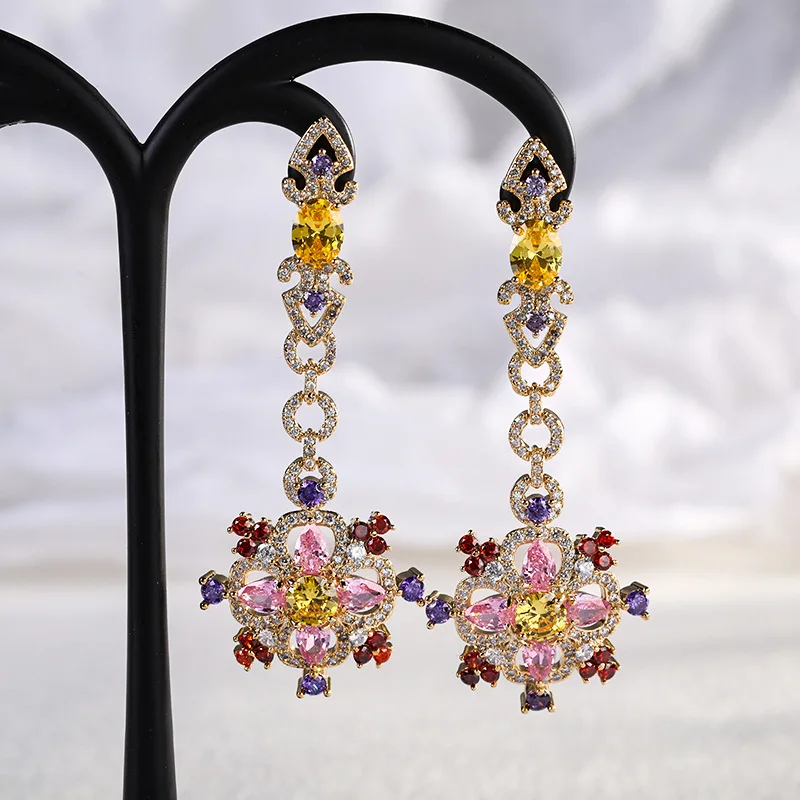 Fashion Wedding Party Statement Tassel Dangle Earrings 925 Silver Needle Cubic Zirconia Colorful Jewelry Gold Plated