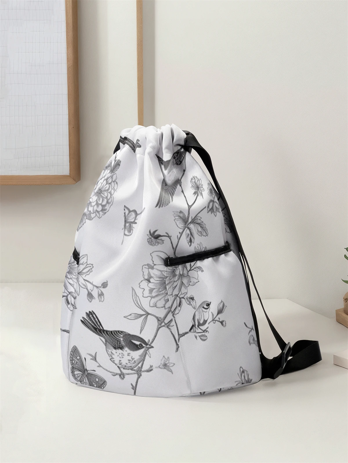 Bird Pattern Drawstring Backpack - Large Capacity Durable Fitness Bag, Adjustable Shoulder Strap, Sports Beach Backpack