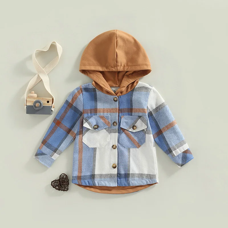 Kid Boys Shirt Coat Autumn Clothing Toddlers Plaid Patchwork Long Sleeve Tops Children Casual Hooded Outwear