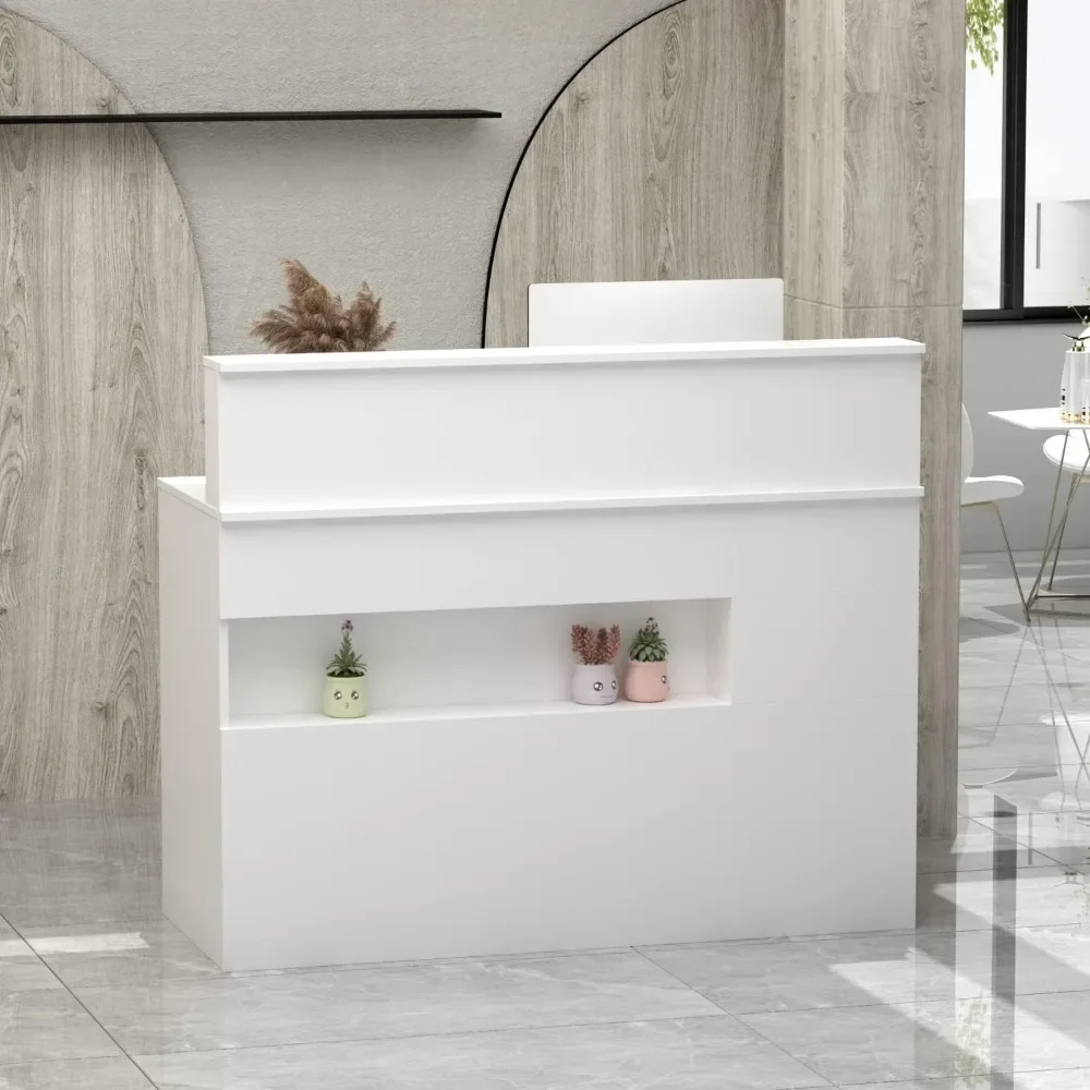 Reception Desk with Light Display Shelf & Lockable Drawers Office Desk Reception Counter Table with Keyboard Tray and Door