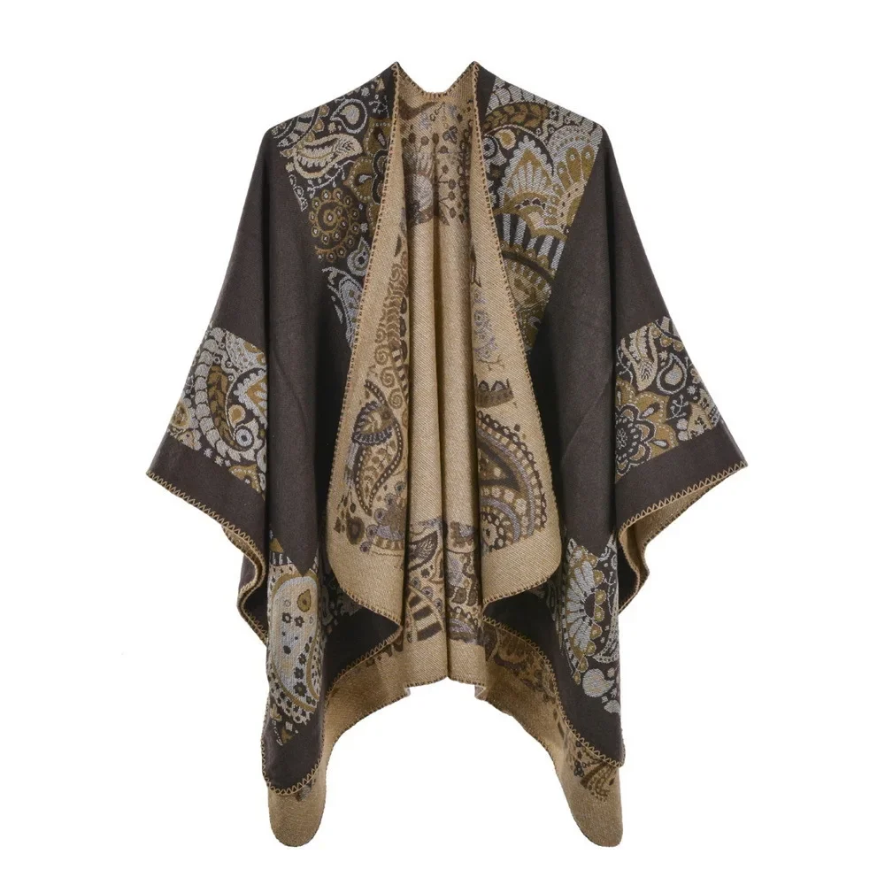 

Autumn Winter Printing Double Faced Double sided Split Warm Cape Women Imitation Cashmere Poncho Lady Capes Khaki Cloaks