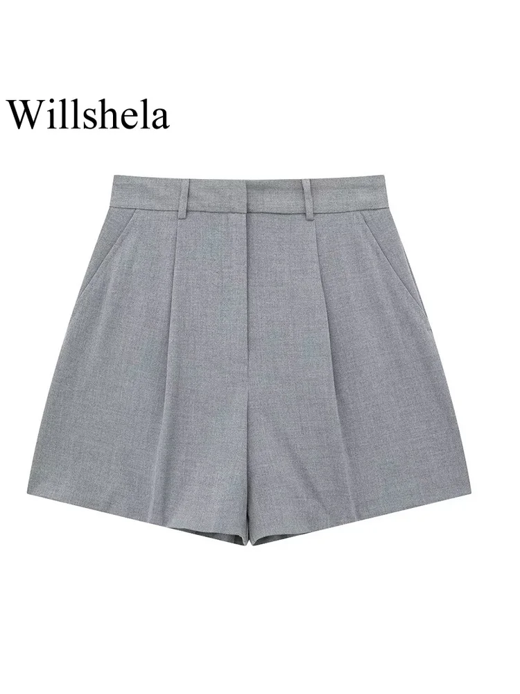 

Willshela Women Fashion Grey Pleated Front Zipper Mini Skirts Shorts Vintage High Waist Female Chic Lady Shorts