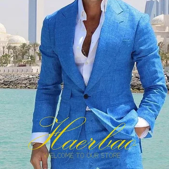 Completo di lino da uomo blu estivo Set di 2 smoking da sposo da sposa giacca con risvolto formale pantaloni Blazer su misura per uomo
