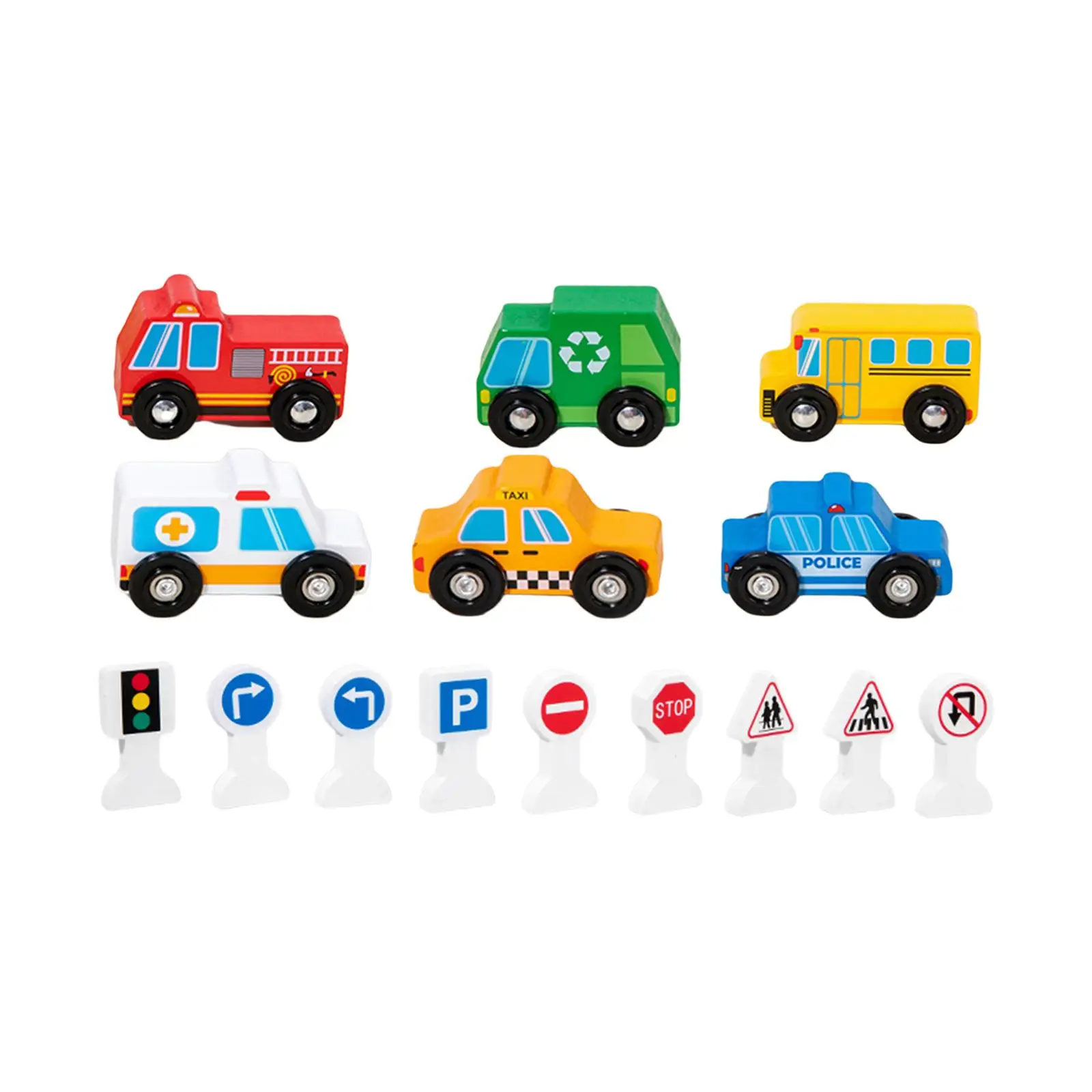 

Wooden Street Signs Playset Educational Toy Collectible Road Signs Small Toy Cars for Toddlers Children Kids Boys Birthday Gifts