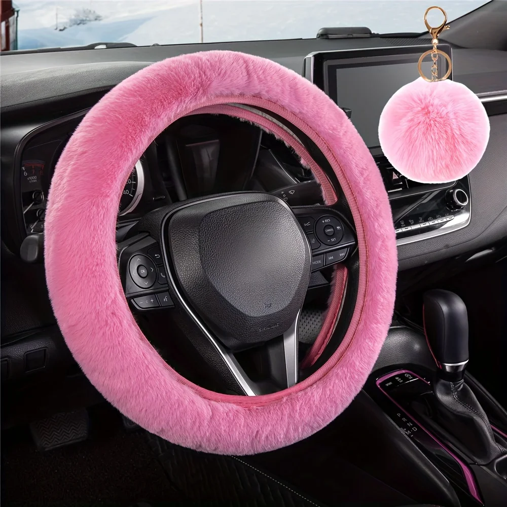 2pcs Cozy Furry Car Steering Wheel Cover and Keychain Duo - Soft and Warm Accessories for Women Drivers