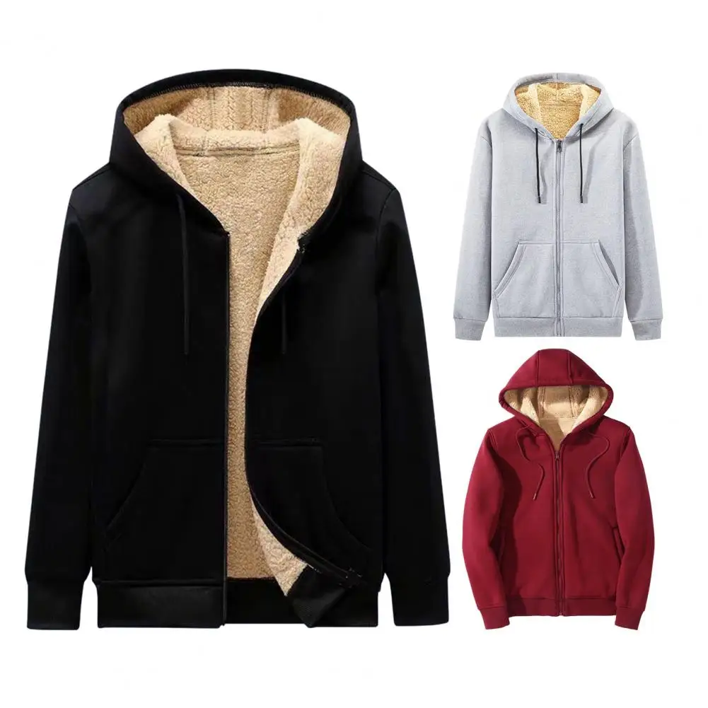 

Men Winter Coat Thick Soft Plush Hooded Zip Up Cardigan Long Sleeve Solid Color Drawstring Pockets Casual Men Jacket Sportswear