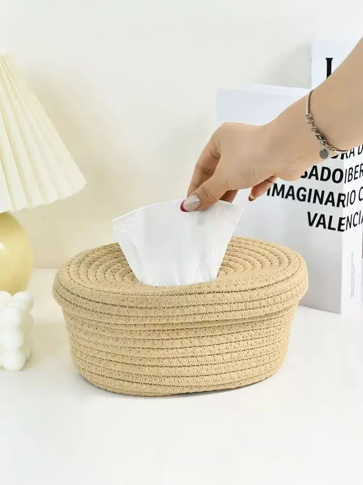 Simple Cotton Rope Woven Tissue Box Household Living Room Dining Table Tissue Storage Box Bedroom Dressing Table Tissue Box 4