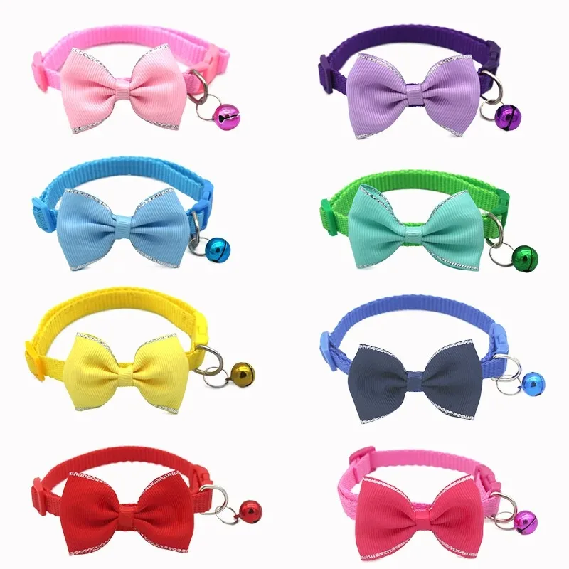 Cat Collar Solid Color Bowknot Puppy Chihuahua Collars with Bell Adjustable Safety Buckle Cats Bow Tie Pets Accessories 2