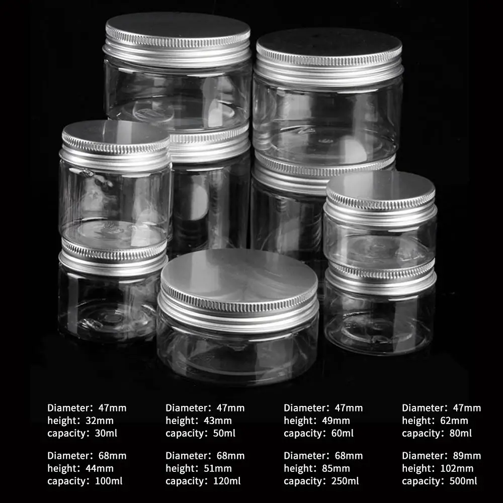 Clear Plastic Jar with Aluminum Lids Empty Cosmetic Containers Makeup Box Travel Bottle 30ml 50ml 60ml 80ml 100ml 120ml 250ml
